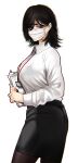  1girl ass black_hair black_nails black_skirt bra_through_clothes breasts brown_legwear clipboard closed_mouth collared_shirt covered_mouth eyeshadow fingernails from_side grey_eyes hair_over_one_eye highres holding holding_clipboard hoshi_san_3 id_card lanyard large_breasts long_sleeves looking_at_viewer makeup mask medium_hair mole mole_under_eye mouth_mask nail_polish office_lady original pantyhose pencil_skirt shirt simple_background skirt solo standing surgical_mask white_background white_mask wing_collar 