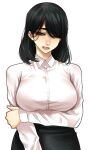  1girl arm_grab black_hair black_skirt bralines breasts brown_eyes collared_shirt hair_over_one_eye head_tilt highres hoshi_san_3 large_breasts long_sleeves looking_at_viewer medium_hair office_lady one_eye_covered original parted_lips pencil_skirt shirt simple_background skirt solo upper_body white_background wing_collar 