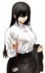 1girl black_hair black_skirt bra_through_clothes breasts closed_mouth collared_shirt cowboy_shot grey_eyes highres holding hoshi_san_3 id_card jacket jacket_removed lanyard large_breasts long_hair long_sleeves looking_at_viewer office_lady original pencil_skirt shirt simple_background skirt smile solo standing white_background wing_collar 