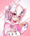  1girl bespectacled blurry blurry_background closed_mouth collarbone doritos eyebrows_visible_through_hair fingernails glasses highres hololive horns long_hair long_sleeves looking_at_viewer mouth_hold nakiri_ayame oni pink_background pink_sweater pink_theme poyoyo_(nakiri_ayame) red_eyes red_nails sharp_fingernails shen_li sweater virtual_youtuber 