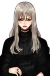  1girl black_choker black_sweater blue_eyes choker earrings eyeshadow fangs grey_hair highres hoshi_san_3 jewelry long_hair looking_at_viewer makeup mole mole_under_eye mole_under_mouth multiple_rings open_mouth original ribbed_sweater ring simple_background smile solo sweater upper_body white_background 