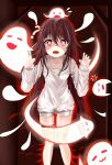  1girl absurdres bangs brown_hair casual cowboy_shot eyebrows_visible_through_hair fang flower-shaped_pupils genshin_impact ghost ghost_pose girvan~ highres hu_tao_(genshin_impact) long_hair looking_at_viewer open_mouth red_eyes shaded_face solo sweater symbol-shaped_pupils thigh_strap white_sweater 