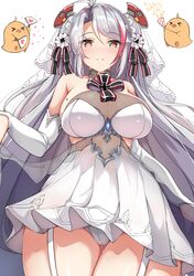  &gt;_&lt; 1girl absurdres antenna_hair azur_lane bangs blush breasts bridal_veil brown_eyes closed_eyes closed_mouth commentary_request dress eyebrows_visible_through_hair folding_fan from_below garter_straps grey_hair hair_between_eyes hand_fan headgear highres large_breasts long_hair looking_at_viewer looking_down manjuu_(azur_lane) mole mole_on_breast moyoron multicolored_hair panties party_popper prinz_eugen_(azur_lane) prinz_eugen_(symphonic_fate)_(azur_lane) redhead see-through sketch smile streaked_hair thigh-highs underwear veil very_long_hair wedding_dress white_dress white_legwear white_panties 