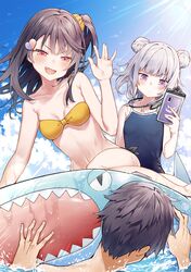  1boy 2girls :d akizuki_kei bare_arms bare_shoulders bikini black_bikini black_hair black_swimsuit breasts collarbone day double_bun fang holding light_rays long_hair mismatched_bikini multiple_girls munakata_hinano munakata_isaomi one-piece_swimsuit one_side_up open_mouth original outdoors phone red_eyes side-tie_bikini small_breasts smile strapless strapless_bikini sunbeam sunlight swimsuit taking_picture tokuno_yuika v-shaped_eyebrows violet_eyes wet white_hair yellow_bikini 