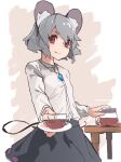  1girl animal_ears black_skirt closed_mouth dated grey_hair highres holding long_sleeves looking_at_viewer mouse_ears mouse_tail nazrin red_eyes reiga_(act000) shirt short_hair skirt smile solo standing tail touhou white_shirt 