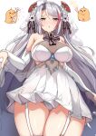  &gt;_&lt; 1girl absurdres antenna_hair azur_lane bangs blush breasts bridal_veil brown_eyes closed_eyes dress eyebrows_visible_through_hair folding_fan from_below garter_straps grey_hair hair_between_eyes hand_fan headgear highres large_breasts long_hair looking_at_viewer looking_down manjuu_(azur_lane) mole mole_on_breast moyoron multicolored_hair official_alternate_costume panties parted_lips party_popper prinz_eugen_(azur_lane) prinz_eugen_(symphonic_fate)_(azur_lane) redhead see-through simple_background sketch streaked_hair thigh-highs underwear veil very_long_hair wedding_dress white_background white_dress white_legwear white_panties 