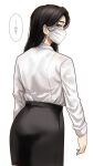  1girl ass black_hair black_skirt closed_mouth collared_shirt from_behind grey_eyes highres hoshi_san_3 long_sleeves looking_at_viewer looking_back mask miniskirt mole mole_on_ear mole_on_neck mole_under_mouth mouth_mask nape office_lady original pencil_skirt shirt sideways_glance simple_background skirt solo surgical_mask translation_request wet wet_clothes wet_shirt white_background white_shirt wing_collar 
