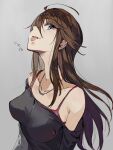  1girl :p ahoge bangs blue_eyes breasts brown_hair grey_background highres idolmaster idolmaster_million_live! jewelry large_breasts long_hair necklace off_shoulder pos profile solo swept_bangs tokoro_megumi tongue tongue_out upper_body 