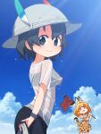  2girls alternate_costume animal_ear_fluff animal_ears bangs black_bra black_eyes black_hair blonde_hair blue_sky bra clouds commentary_request day extra_ears from_side hat hat_feather highres kaban_(kemono_friends) kemono_friends looking_at_viewer looking_to_the_side multiple_girls orange_eyes outdoors sat-c see-through serval_(kemono_friends) serval_print shirt shirt_removed short_hair short_sleeves sky smile solo_focus sports_bra sunlight tail underwear water_drop wet wet_clothes white_headwear white_shirt 