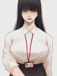  1girl black_hair black_skirt breasts closed_mouth collared_shirt eyebrows_visible_through_hair green_eyes high-waist_skirt hoshi_san_3 id_card lanyard large_breasts long_hair long_sleeves looking_at_viewer mole mole_under_eye mole_under_mouth office_lady original shirt simple_background skirt solo white_background wing_collar 