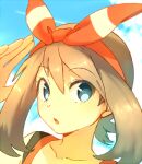  1girl bangs bare_arms blue_eyes bow_hairband brown_hair clouds collarbone commentary_request day eyebrows_visible_through_hair hair_between_eyes hairband hand_up looking_at_viewer lowres may_(pokemon) medium_hair open_mouth orange_hairband orange_shirt outdoors pokemon pokemon_(game) pokemon_oras sekka_koyori shirt sky sleeveless sleeveless_shirt solo tongue 