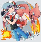  1boy bangs baseball_cap belt belt_buckle black_gloves black_hair blue_pants bo9_(bo9_nc) brown_eyes buckle buttons charmeleon claws closed_mouth commentary_request fangs fingerless_gloves fire flame frown full_body gen_1_pokemon gloves hands_up hat holding holding_poke_ball jacket male_focus open_clothes open_jacket open_mouth pants poke_ball poke_ball_(basic) pokemon pokemon_(creature) pokemon_(game) pokemon_rgby red_(pokemon) red_headwear shoes short_hair short_sleeves spiky_hair tongue white_footwear 