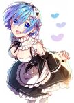  1girl apron arm_behind_back bangs blue_eyes blue_hair breasts eyebrows_behind_hair eyebrows_visible_through_hair eyes_visible_through_hair flower hair_flower hair_ornament hair_over_one_eye hair_ribbon kuroki_(ma-na-tu) looking_at_viewer maid maid_apron maid_headdress open_mouth re:zero_kara_hajimeru_isekai_seikatsu rem_(re:zero) ribbon short_hair simple_background smile solo white_background 