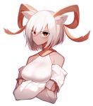  1girl absurdres animal_ears arknights bare_shoulders beudelb carnelian_(arknights) commentary cropped_torso crossed_arms dark-skinned_female dark_skin goat_ears goat_girl goat_horns hair_between_eyes highres horns jacket korean_commentary looking_at_viewer off_shoulder red_eyes scowl shirt short_hair simple_background solo upper_body v-shaped_eyebrows white_background white_hair white_jacket white_shirt 