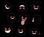  :d commentary frown gen_1_pokemon gengar hand_up looking_at_viewer multiple_views no_humans open_mouth pokemon pokemon_(creature) smile ssalbulre teeth tongue tongue_out upside-down 