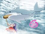  1girl animal animal_ears clouds cloudy_sky commentary english_text fish kine leaning_back legs_apart long_hair looking_up mallet purple_hair rabbit_ears red_skirt reisen_udongein_inaba shark sharknado shirosato shirt short_sleeves skirt sky solo touhou white_shirt 