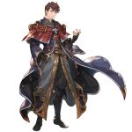  1boy boots brown_eyes brown_hair cape ear_piercing earrings fingerless_gloves gloves granblue_fantasy jewelry lobelia_(granblue_fantasy) long_sleeves looking_at_viewer official_art pendant piercing simple_background solo transparent_background 