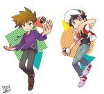  2boys bangs baseball_cap belt black_shirt blue_oak bo9_(bo9_nc) boot_straps boots brown_eyes brown_footwear brown_hair commentary_request grin hat holding holding_poke_ball jacket long_sleeves male_focus multiple_boys pants pants_tucked_in poke_ball pokemon pokemon_(game) pokemon_rgby purple_shirt red_(pokemon) red_headwear shirt shoes short_hair short_sleeves smile spiky_hair teeth ultra_ball white_footwear 