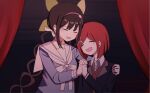  2girls bangs bell black_hair black_jacket black_shirt blue_shirt brown_hair chabashira_tenko choker closed_eyes collared_shirt commentary_request curtains dangan_ronpa_(series) dangan_ronpa_v3:_killing_harmony gradient gradient_background hair_ornament hair_ribbon hairband hand_on_another&#039;s_shoulder highres holding_hands jacket long_hair long_sleeves low_twintails multiple_girls neck_bell nk_(dzzx8334) no_nose open_mouth pink_choker pink_hairband redhead ribbon sailor_collar school_uniform shirt short_hair smile tearing_up tears twintails white_ribbon yumeno_himiko 