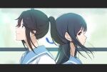  2girls bangs black_hair blue_eyes blue_feathers blue_hair blue_sailor_collar closed_mouth expressionless hibike!_euphonium indoors karaage_(geyd2325) kasaki_nozomi kitauji_high_school_uniform liz_to_aoi_tori long_hair looking_up multiple_girls ponytail red_eyes sailor_collar school_uniform serafuku smile window yoroizuka_mizore 