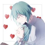  1boy 1girl aqua_eyes aqua_hair chinese_commentary commentary framed_image genderswap genderswap_(ftm) grey_shirt hatsune_miku hatsune_mikuo headphones headset heart heart_background hetero highres hug hug_from_behind key_asan looking_at_another looking_down looking_up open_mouth shirt smile upper_body vocaloid white_background 