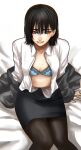  1girl black_hair black_skirt blue_bra bra breasts brown_legwear closed_mouth collared_shirt frilled_bra frills from_above grey_eyes grey_jacket highres hoshi_san_3 jacket knees_together_feet_apart long_sleeves looking_at_viewer medium_breasts medium_hair miniskirt mole mole_on_breast mole_under_eye mole_under_mouth office_lady open_clothes open_shirt original pantyhose parted_lips pencil_skirt shirt simple_background sitting skirt smile solo underwear white_background white_shirt wing_collar 