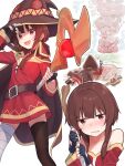  1girl absurdres bandaged_leg bandages bare_shoulders black_legwear blush brown_cape brown_hair brown_headwear cape commentary_request hat highres holding holding_staff kono_subarashii_sekai_ni_shukufuku_wo! looking_at_viewer lying mameroku megumin multiple_views on_stomach open_mouth red_eyes short_hair_with_long_locks simple_background single_thighhigh smile staff standing thigh-highs white_background witch_hat 