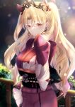  1girl absurdres alternate_costume arm_behind_head bangs blonde_hair blush breasts closed_mouth commentary_request crown earrings ereshkigal_(fate) eyebrows_visible_through_hair fate/grand_order fate_(series) floral_print hair_ornament hair_ribbon highres japanese_clothes jewelry kimono light_particles long_hair looking_at_viewer night night_sky obi outdoors parted_bangs print_kimono red_eyes red_kimono red_ribbon ribbon sash signature sky smile solo tree two_side_up wide_sleeves yukata yuki_haru 
