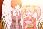  2girls bangs blonde_hair bow brown_dress brown_hair bug butterfly cat_hair_ornament commentary_request dangan_ronpa_(series) dangan_ronpa_2:_goodbye_despair dress freckles furisode grass hair_bow hair_ornament hand_fan hand_on_another&#039;s_head highres holding holding_fan insect japanese_clothes kimono koizumi_mahiru long_hair multiple_girls necktie nk_(dzzx8334) obi open_mouth orange_bow orange_kimono petals plaid_neckwear saionji_hiyoko sash shiny shiny_hair shirt short_hair short_sleeves simple_background smile tree twintails white_shirt 