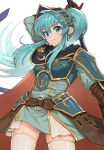  1girl absurdres alternate_hairstyle blue_eyes blue_hair cape cosplay earrings eirika_(fire_emblem) ephraim_(fire_emblem) ephraim_(fire_emblem)_(cosplay) fire_emblem fire_emblem:_the_sacred_stones fire_emblem_heroes gloves gonzarez highres jewelry long_hair looking_at_viewer official_alternate_costume ponytail simple_background smile thigh-highs weapon white_background 