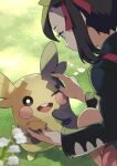  1girl bangs black_hair black_jacket black_nails closed_mouth commentary_request day dress eyelashes flower gen_8_pokemon grass green_eyes hair_ribbon highres jacket long_sleeves looking_down marnie_(pokemon) morpeko morpeko_(full) nail_polish negiyan outdoors pink_dress pokemon pokemon_(creature) pokemon_(game) pokemon_swsh red_ribbon ribbon smile squatting white_flower 