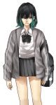  1girl backpack bag bag_charm black_bag black_bow black_hair black_neckwear blue_hair bow bowtie charm_(object) collared_shirt contrapposto grey_eyes grey_jacket hair_ornament hairclip high-waist_skirt highres hoshi_san_3 jacket long_sleeves looking_at_viewer medium_hair miniskirt multicolored_hair open_clothes open_jacket original parted_lips pleated_skirt shirt simple_background skirt solo standing two-tone_hair white_background white_shirt wing_collar 