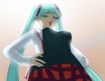  1girl apu_spills_his_tendies_(meme) aqua_hair backlighting bloom breasts from_below hair_ornament hands_on_hips hatsune_miku highres jacket long_hair looking_down medium_breasts meme natural_(module) open_mouth parody plaid plaid_skirt red_eyes red_skirt skirt skullchimes smug solo symbol-only_commentary twintails very_long_hair vocaloid white_jacket 
