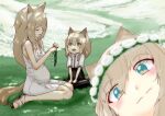  3girls absurdres animal_ears arknights bare_shoulders big_belly black_skirt blonde_hair blue_eyes blurry blush child close-up closed_eyes dog_ears dog_tail dress flower grass head_wreath highres holding holding_flower kuruzusu long_hair looking_at_another looking_at_viewer mother_and_daughter motherly multiple_girls on_ground podenco_(arknights) pregnant sandals shirt sitting skirt sundress tail white_dress white_shirt 