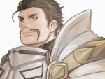  1boy alois_rangeld armor brown_hair face facial_hair fire_emblem fire_emblem:_three_houses green_eyes hair_strand ina_zuma looking_to_the_side male_focus mature_male mustache mutton_chops short_hair sideburns smile solo upper_body 