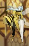  1girl angela_(project_moon) ascot belt black_ascot black_belt black_pants blue_hair boots coat e.g.o_(project_moon) highres honeycomb_(object) honeycomb_(pattern) insect_wings library_of_ruina long_hair long_sleeves nishikujic pants project_moon queen_bee_(lobotomy_corporation) solo very_long_hair wings yellow_coat yellow_footwear 