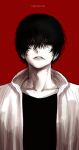 1boy black_shirt chainsaw_man ear_piercing earrings hair_over_eyes half-closed_eyes highres hoshi_san_3 jacket jewelry looking_at_viewer male_focus mole mole_under_mouth open_clothes open_jacket parted_lips piercing red_background shirt simple_background solo upper_body yoshida_hirofumi