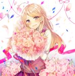  1girl :d ahoge akamatsu_kaede bangs blonde_hair blush bouquet breasts commentary_request dangan_ronpa_(series) dangan_ronpa_v3:_killing_harmony flower gradient gradient_background hair_ornament holding holding_bouquet long_hair long_sleeves looking_at_viewer musical_note musical_note_hair_ornament onko open_mouth petals pink_flower pink_rose pink_skirt pink_vest pleated_skirt rose shiny shiny_hair shirt simple_background skirt smile solo upper_teeth vest white_background white_flower white_shirt 