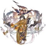  1boy black_cat blue_eyes brown_footwear brown_hair brown_pants cat clouds granblue_fantasy grey_eyes harvin instrument jewelry judgement_(granblue_fantasy) katzelia looking_at_viewer music official_art pants pendant playing_instrument robe smile transparent_background trumpet white_cat yellow_eyes 