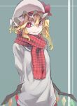  1girl blonde_hair closed_mouth flandre_scarlet green_background grey_shirt hair_between_eyes hat highres long_sleeves looking_at_viewer low_wings one_side_up red_eyes red_scarf reiga_(act000) scarf shirt smile solo touhou wings 