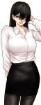  1girl black_hair black_skirt breasts closed_mouth collared_shirt cowboy_shot grey_legwear highres hoshi_san_3 large_breasts long_sleeves looking_at_viewer mole mole_under_eye mole_under_mouth office_lady original pantyhose pencil_skirt shirt simple_background skirt solo standing white_background wing_collar 