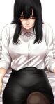  1girl black_hair black_skirt breasts brown_legwear closed_mouth collared_shirt grey_eyes highres hoshi_san_3 large_breasts long_sleeves looking_at_viewer miniskirt mole mole_under_eye mole_under_mouth office_lady original pantyhose pencil_skirt reclining sanpaku shirt simple_background sitting skirt solo sweat white_background wing_collar 