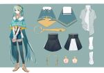  1girl absurdres aqua_background aqua_capelet aqua_eyes aqua_hair argyle_print arm_warmers black_legwear black_skirt boots character_sheet chinese_commentary collared_capelet commentary_request full_body grey_shirt hands_on_lap hands_together hatsune_miku headphones highres key_asan looking_at_viewer miniskirt necktie shirt skirt smile solo standing thigh-highs vocaloid yellow_neckwear zettai_ryouiki 