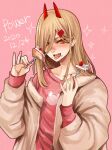  +_+ 1girl :d blonde_hair blush cake cake_slice chainsaw_man character_name dated food food_on_face fork grey_jacket hair_between_eyes highres holding holding_fork horns hoshi_san_3 jacket long_hair long_sleeves looking_at_viewer off_shoulder open_mouth pink_background pink_shirt power_(chainsaw_man) red_eyes shirt smile solo sparkle tongue tongue_out 