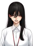  1girl black_hair breasts closed_mouth collared_shirt grey_eyes highres hoshi_san_3 lanyard large_breasts long_sleeves looking_at_viewer mole mole_under_eye mole_under_mouth office_lady open_mouth original sanpaku shirt simple_background solo upper_body white_background wing_collar 