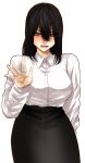  1girl black_hair black_skirt blush breasts closed_mouth collared_shirt embarrassed grey_eyes hair_between_eyes highres hoshi_san_3 large_breasts long_sleeves looking_at_viewer medium_hair office_lady open_mouth original pencil_skirt shirt simple_background skirt solo sweat sweating_profusely waving white_background wing_collar 