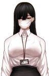  1girl black_hair black_skirt breasts closed_mouth collared_shirt grey_eyes hair_over_one_eye highres hoshi_san_3 id_card lanyard large_breasts long_sleeves looking_at_viewer mole mole_under_eye office_lady original pencil_skirt shirt simple_background skirt solo upper_body white_background wing_collar 