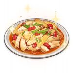  artist_request beans chicken_(food) chili_pepper commentary english_commentary food food_focus genshin_impact lowres no_humans official_art plate sesame_seeds sparkle still_life third-party_source transparent_background 