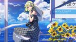  1girl :d against_railing ahoge aria_project_2.0 bangs bird black_bow blue_sky blunt_bangs bow braid clouds commentary_request day dress feathers flower green_eyes green_hair grey_dress hair_ribbon hat hat_flower headwear_removed highres horizon looking_at_viewer narumi_nanami ocean open_mouth outdoors plaid plaid_dress railing ribbon senjou_aria sign sky smile solo strapless strapless_dress sun_hat sunflower virtual_youtuber white_bird white_feather white_headwear 