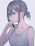  1girl bangs bare_shoulders blue_eyes breasts collarbone hair_between_eyes highres open_mouth original ponytail shichi_(ratorin53) shirt sidelocks simple_background small_breasts solo sweat sweatdrop tank_top tied_hair white_background white_shirt 